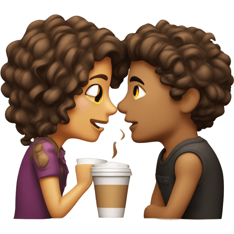 Chico con pelo rizado y chica de pel lacio café dandose un beso emoji