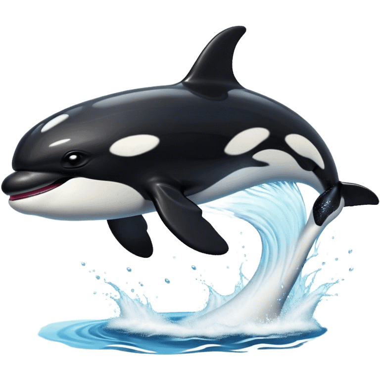 Meme-Worthy Breaching orca Portrait Emoji, Bursting powerfully out of the ocean with an impressive, high-energy leap, showcasing a sleek black-and-white body glistening with water droplets and dynamic, arched posture, Simplified yet exhilaratingly expressive features, highly detailed, glowing with a vibrant marine energy, high shine, bold and full of life, stylized with an air of untamed ocean spirit, soft glowing outline, capturing the essence of an orca mid-breach, radiating pure, unstoppable aquatic power! emoji