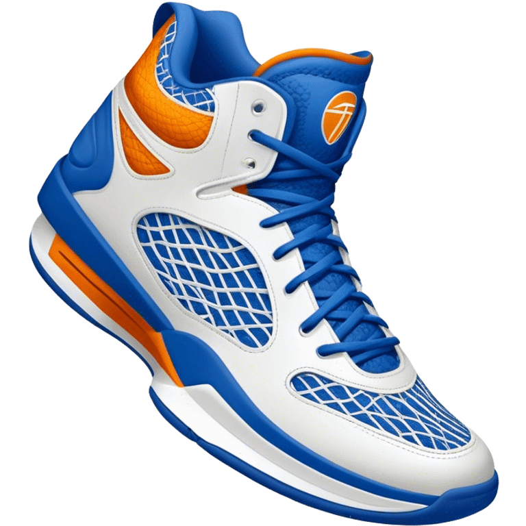 Cinematic Realistic image of a pair of basketball sneakers featuring detailed mesh and leather textures, vibrant color accents and dynamic design lines, illuminated by bold, high-energy arena lighting emoji