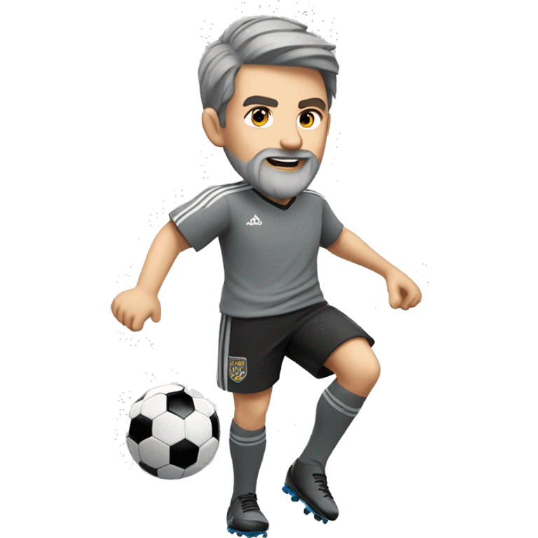 white boy in gray soccer uniform and black shorts with gray beard  and hair kicking a soccer ball emoji