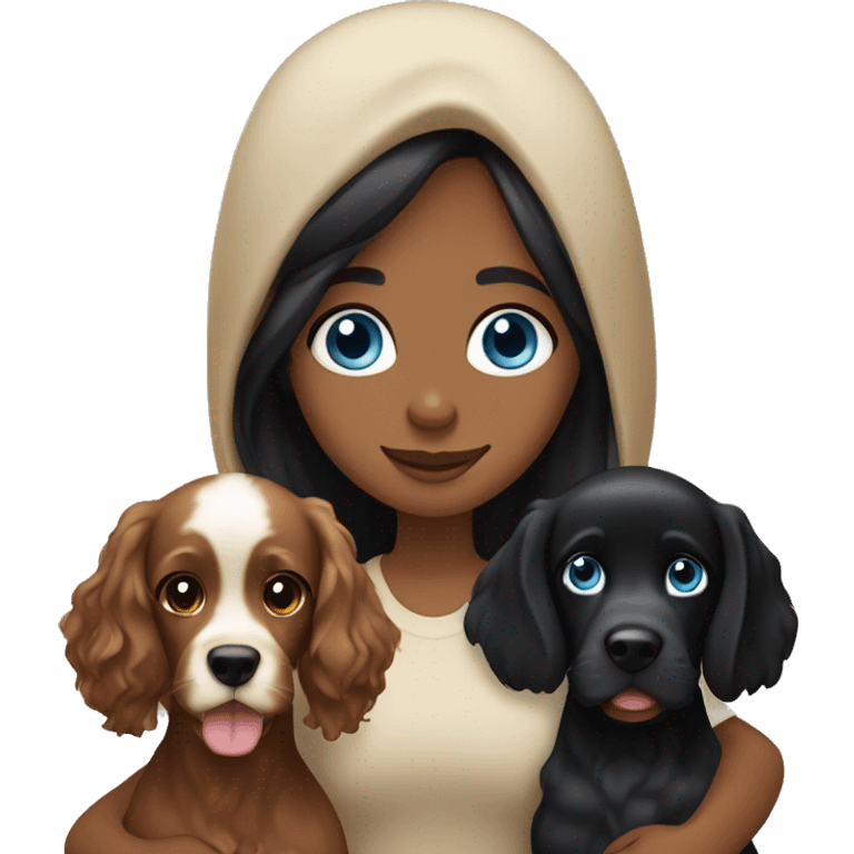 Black Hair and Brown Eyes Girl with a Blue Eyes and Blond hair boy both holding a black cocker spaniel emoji