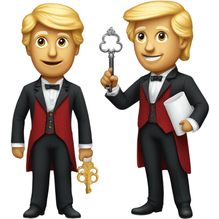 trump waiter Victorian dress elegant red full body, holding big key emoji