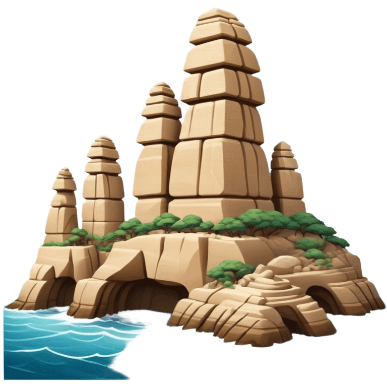 Cinematic Realistic Raouche Rocks Landmark Emoji, depicted with dramatic natural rock formations along the Beirut coastline rendered with intricate detail and dynamic natural lighting. emoji