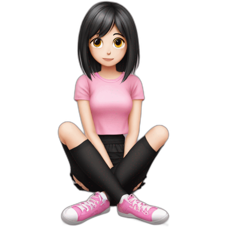 full body Front view emo girl sits on the floor black skirt pink knickers emoji