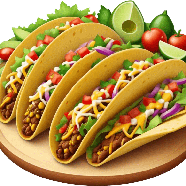 Cinematic vibrant tacos, warm soft shells filled with flavorful meats, fresh vegetables, cheese, and zesty salsa, colorful and lively, ultra-detailed and appetizing. emoji