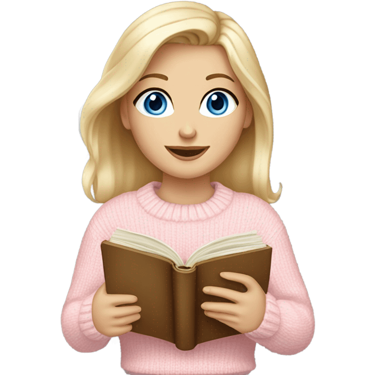 Pretty blue eyed white girl with light pink sweater reading cozy emoji