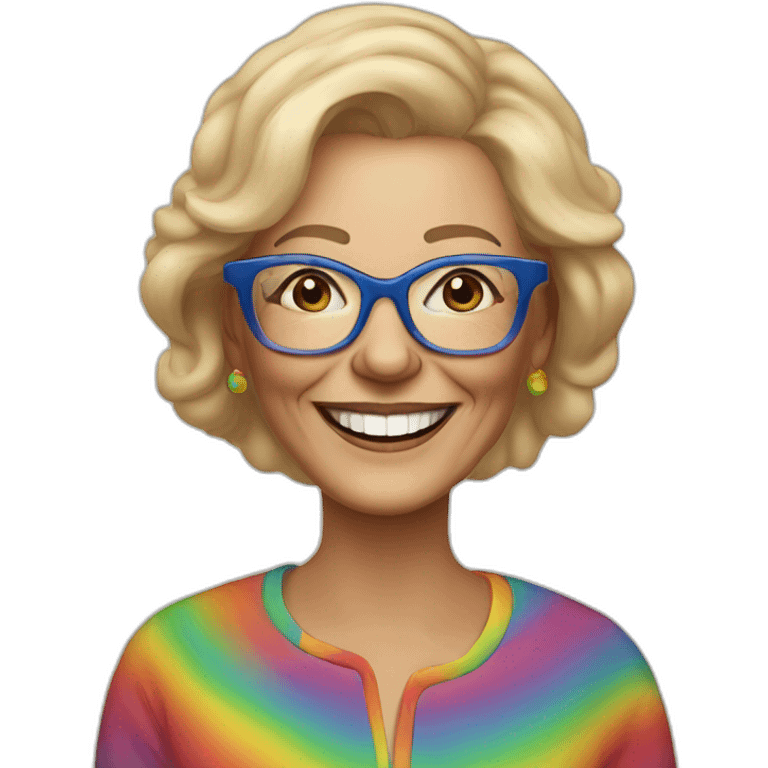 sixty year old woman, blonde hair, frame glasses, hand painted clothes, rainbow, smile emoji