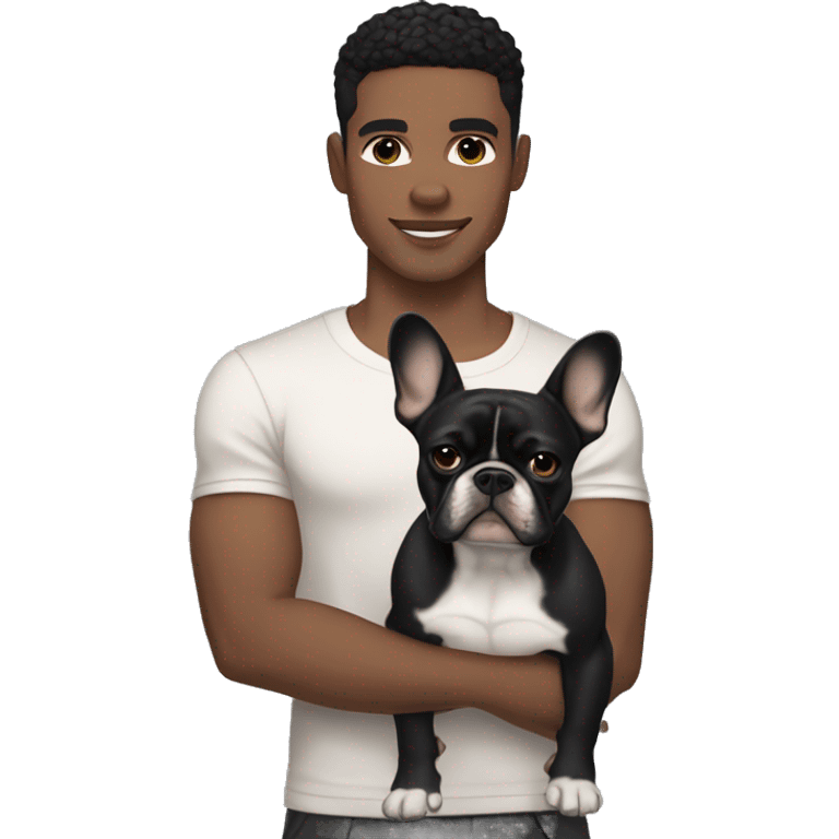 athletic light skin male with short black hair holding a brindle colored french bulldog emoji