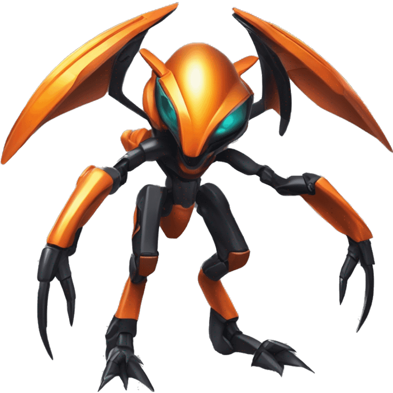 a shiny metallic black-orange Genesect-Flygon-Raptor-Fakémon-Medabot-hybrid with a futuristic visor-helmet full body emoji