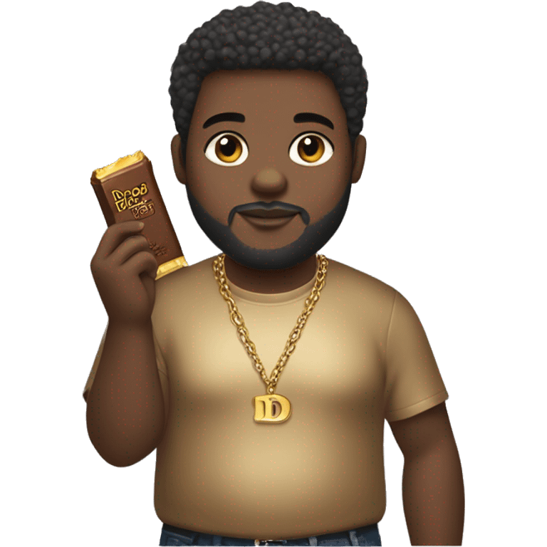 Fat African American with short hair & gold chain, holding a chocolate bar in a Dior shirt with a beard   emoji