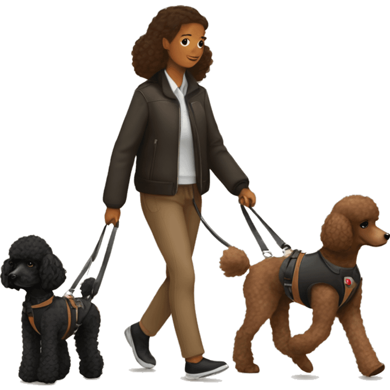 3 legs One Small unshaved Black Poodle with brown harness is walking with girl emoji