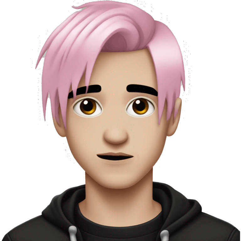 Create an emoji of an emo guy with split-dyed hair (one side pastel pink, the other side black), wearing black clothes and a subtle sad expression, inspired by the style of Lil Peep. emoji