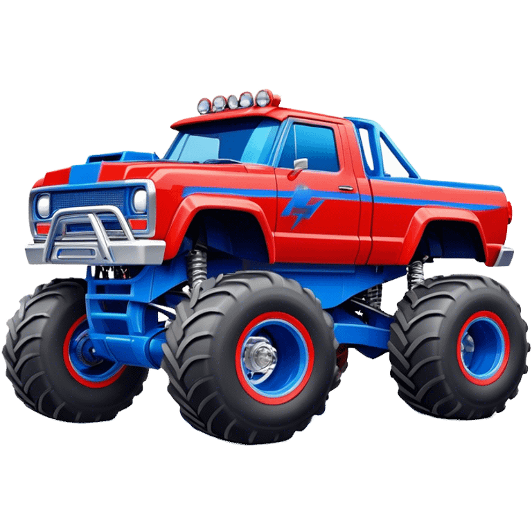 Avenger - Monster Jam (Model Year: 2021) (Iconic colour: Blue and red) - A dynamic monster truck with a split-color scheme: predominantly blue accented by bold red elements. Focus on strong, angular lines and vivid contrasting colors that evoke high energy and a futuristic, rebellious style. emoji