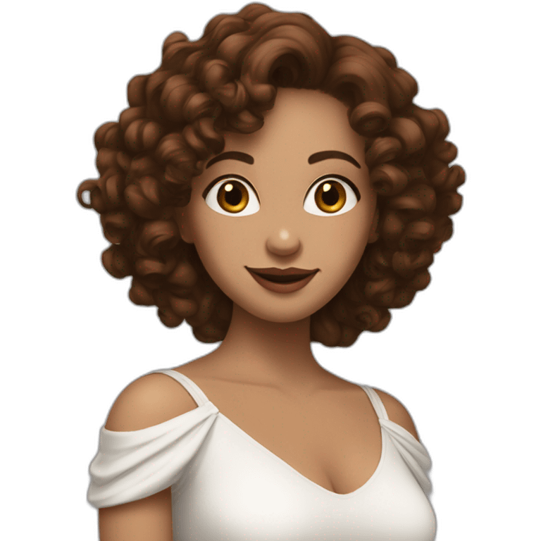 white woman-designer with brown curly hair middle length, wears Off Shoulder Batwing Tank makes love with hands emoji