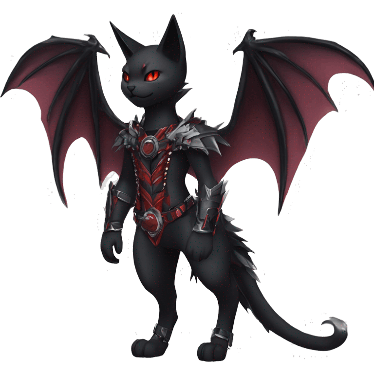 cool edgy elegant beautiful black punk red ethereal fantasy nargacuga-bat-cat-Fakemon collar harness full body emoji