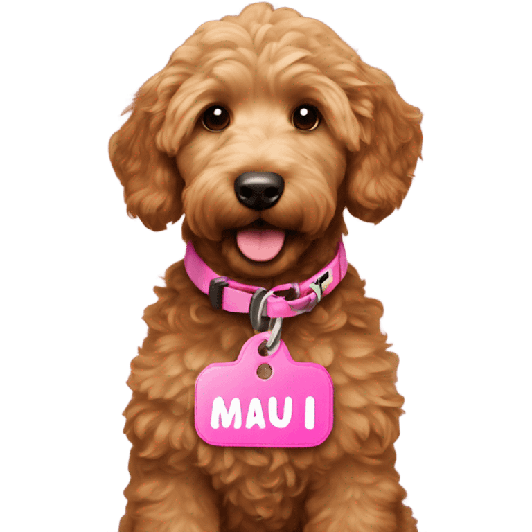 Mini brown female golden doodle with pink tag that says Maui  emoji