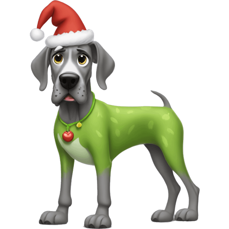 Grey great dane wearing a the grinch costume emoji