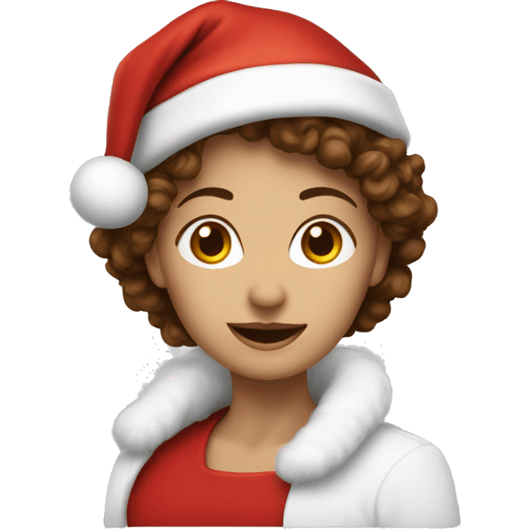 White lady with brown curly heat wearing Santa hat emoji