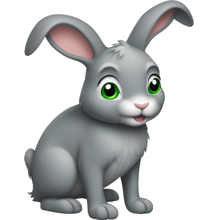 grey bunny with one leg and one arm green, both ears green down, standing up emoji