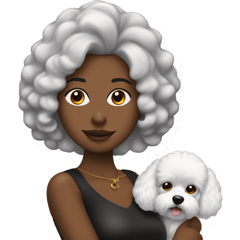 mujer con peinado largo negro con perro bichon  emoji