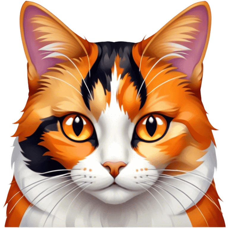 Cinematic Noble Calico Cat Portrait Emoji, Poised and regal, with a striking patchwork fur in vibrant orange, black, and white hues, delicate whiskers and a refined, focused gaze, simplified yet exquisitely detailed, glowing with a soft, moonlit radiance and an air of aristocratic elegance, high shine, exuding dignified intelligence and poised authority, soft glowing outline, capturing the essence of a watchful and noble calico cat that appears ready to grace the screen with effortless majesty! emoji