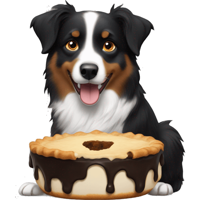 Small black australian shepherd dog eating pie  emoji