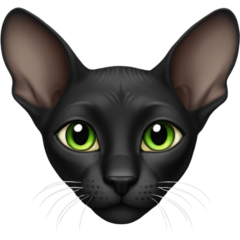 black sphinx cat with green eyes and a white spot on the mouth  emoji