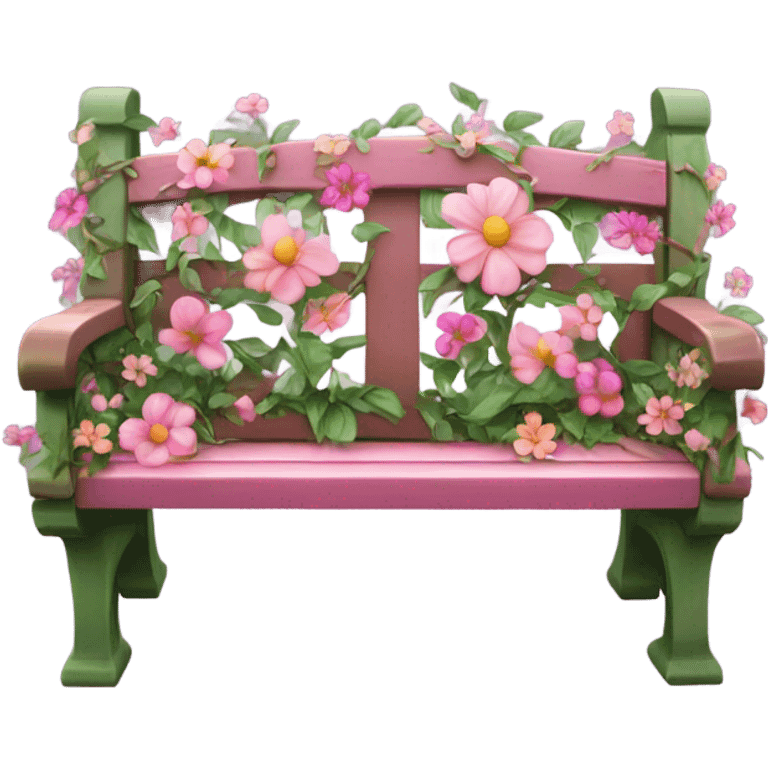 Pink garden bench wrapped in flower, vines, & lights  emoji