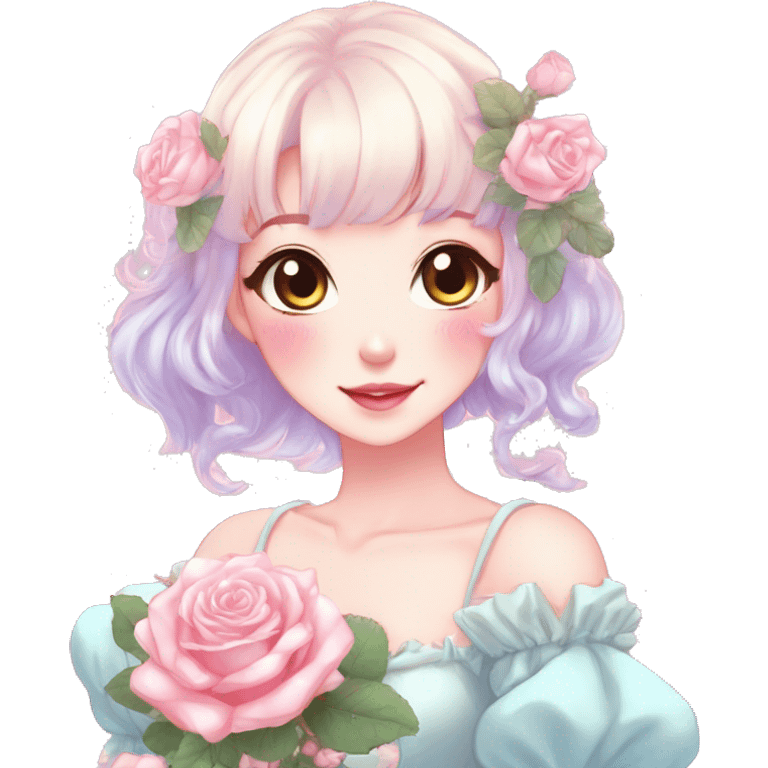 Gorgeous pastel anime style lady with blushing face and roses cottagecore fairycore pastelcore shiny colorful pearly petite aesthetic trending style emoji