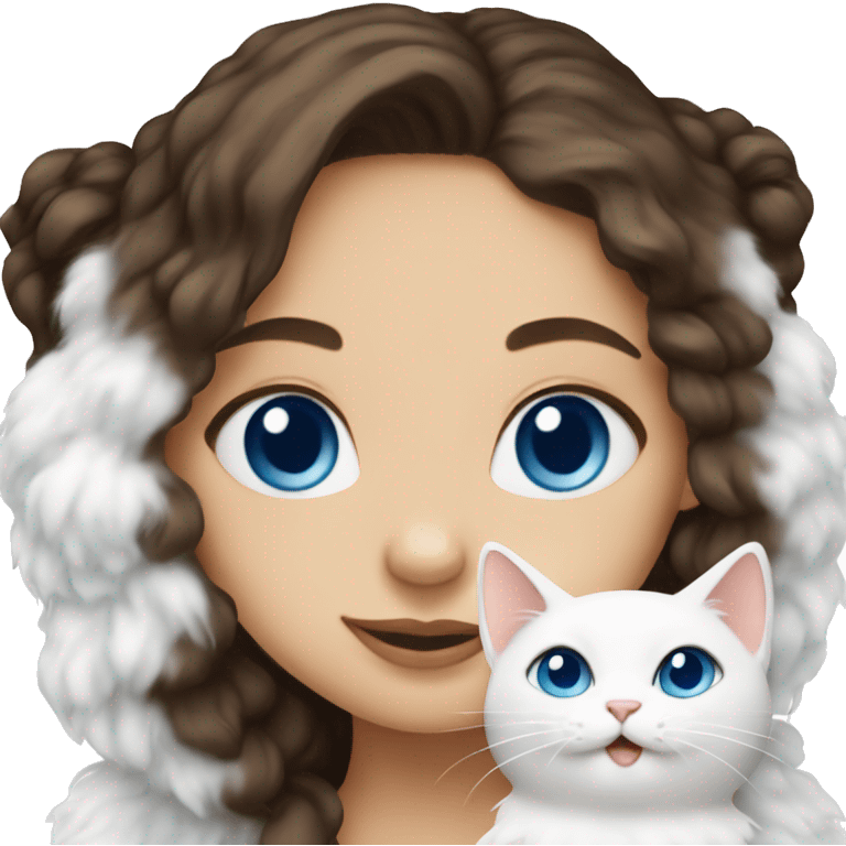 brunette with blue eyes holds a white fluffy cat  emoji