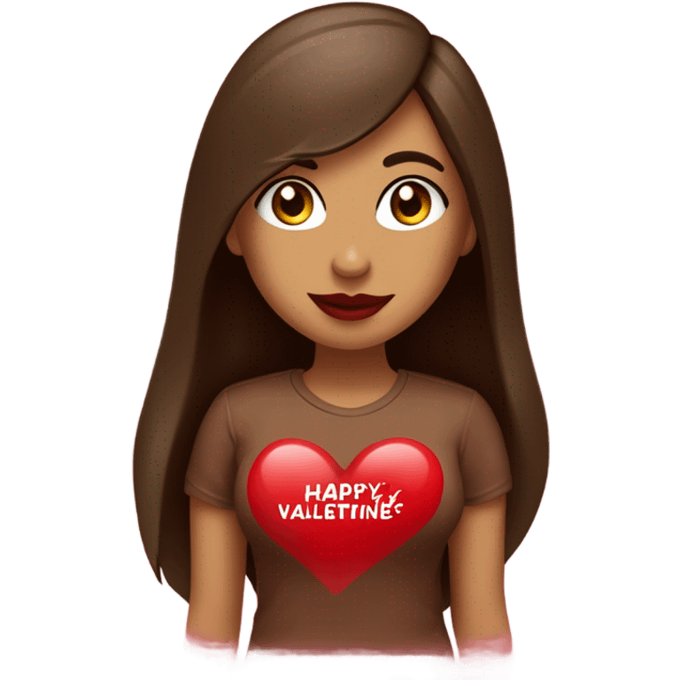 light brown lady, dark brown long straight hair, red lips, eyelashes, wearing red “happy Valentine’s Day” t shirt emoji