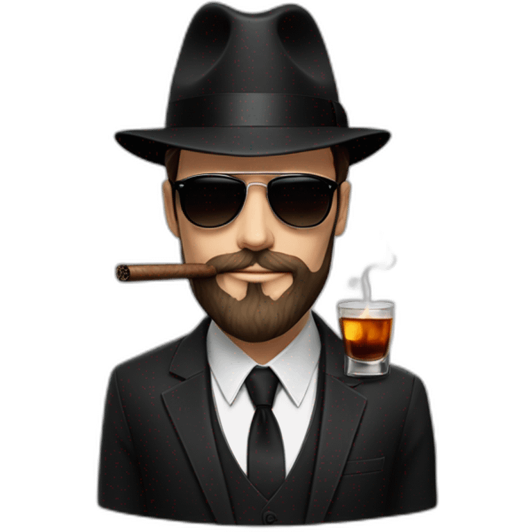 young white male adult with dark hair and beard, black fedora hat, black ray ban sunglasses, three pieces dark costume and tie smoking a cigar with a glass of whisky in the hand emoji