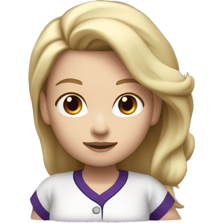 baseball card character. Blonde female long shoulder length hair. letter C logo. white and purple uniform. emoji