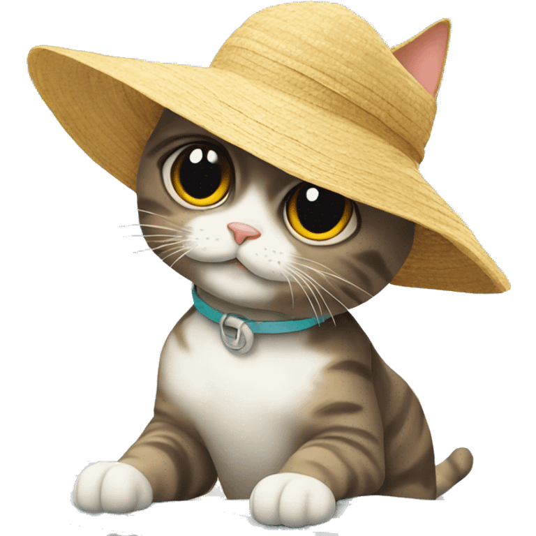 A cat on the beach, wearing a sun hat emoji