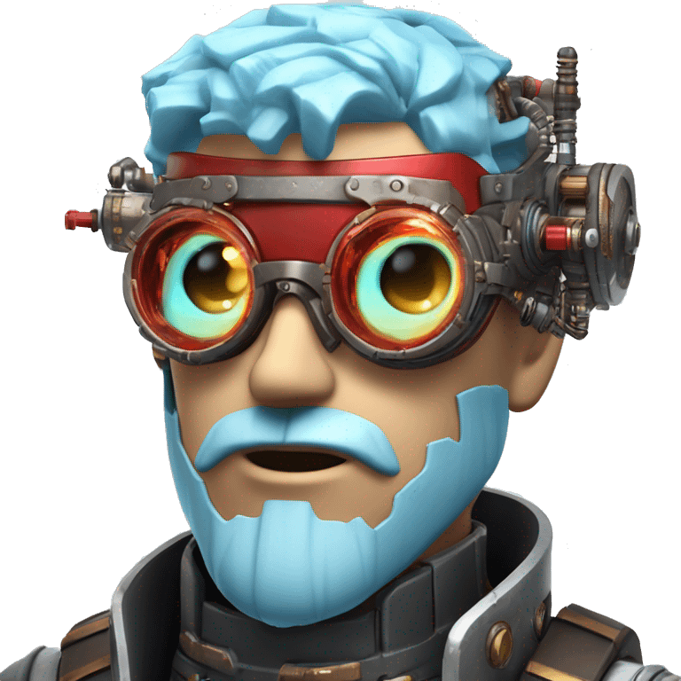  Short light blue haired male cyborg head with light blue beard, red steampunk goggles and circuits emoji