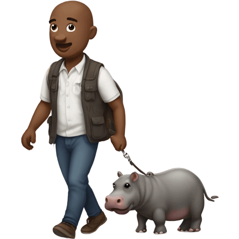 Man walking a bunch of moo dangs the Pygmy hippo by leash emoji