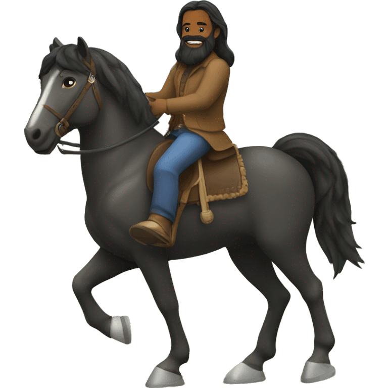 Guy with black beard and long hair riding a horse emoji