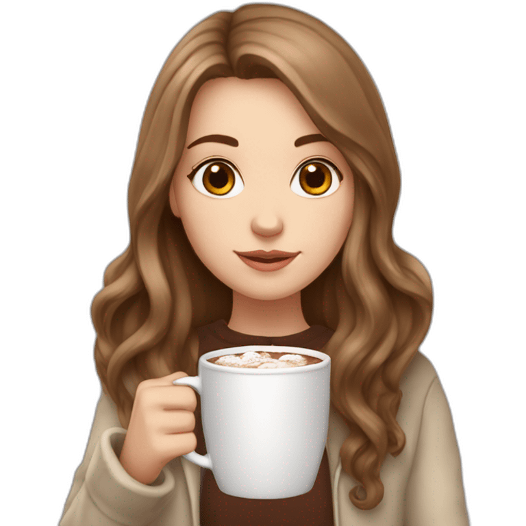 white girl with brown long hair and a hot chocolate emoji