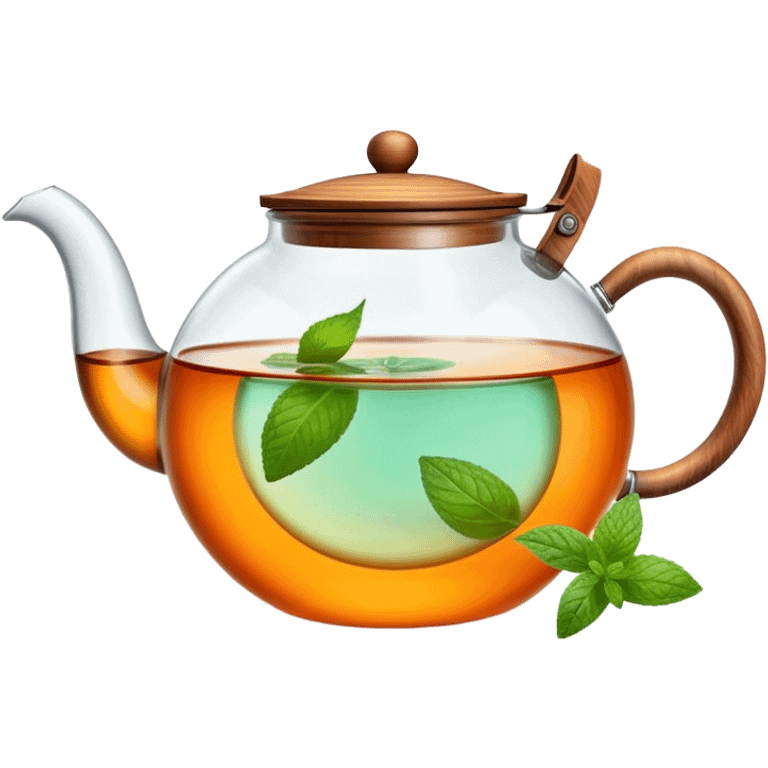 Cinematic realistic emoji depicting a transparent teapot with a realistic wooden lid and glass handle, filled with tea and floating pieces of orange and one mint leaf, rich texture, without unnecessary decoration emoji