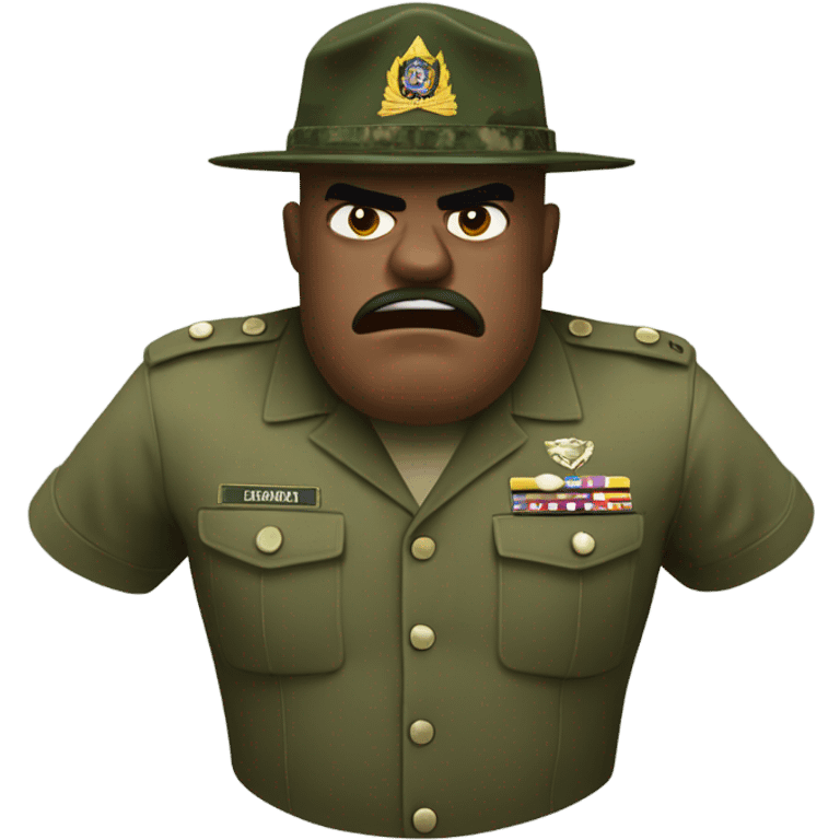 drill sergeant character wearing a classic sergeant hat and a camouflage army shirt. The character should have an angry intense expression. full torso emoji