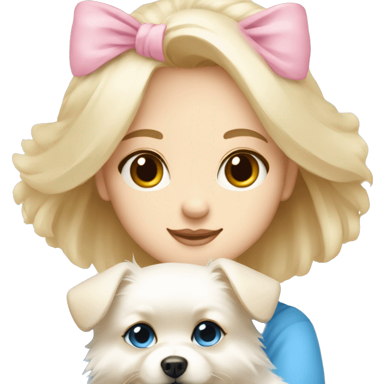 Blond girl white skin blue eyes hugging white Pomeranian with light pink bow emoji