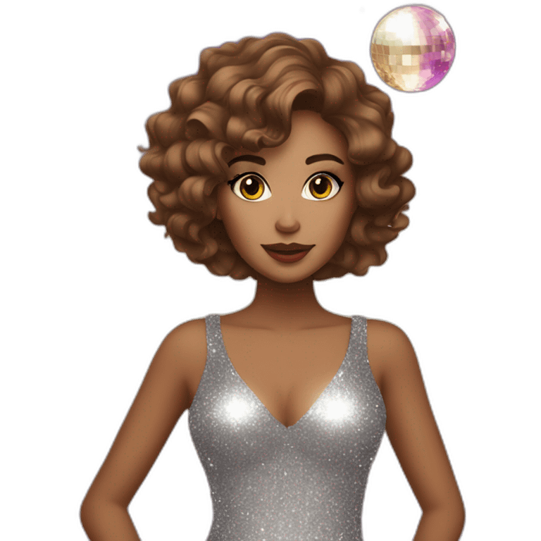 female with brown wavy hair dressed in a glitter dress and makeup, with disco ball emoji