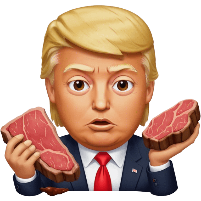 photorealistic Donald Trump eating a steak shaped like an piece of land emoji