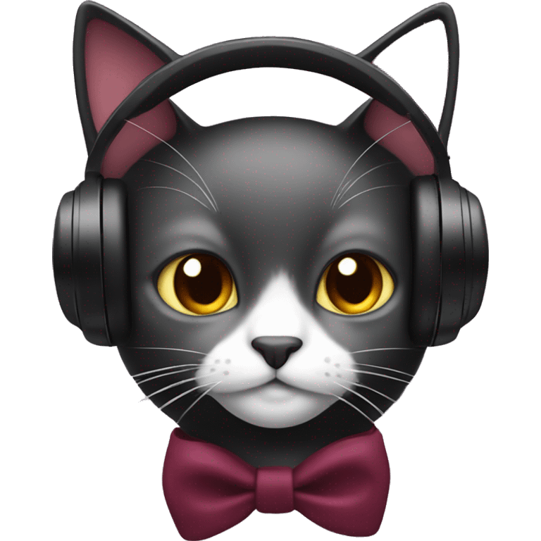 a black cat wearing burgundy headphones with a white bow emoji