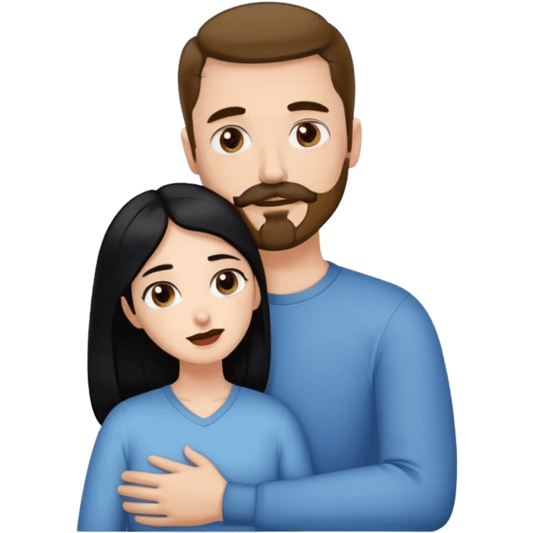 Tall white man with brown mustache and goatee hugging a short pale woman with long black hair emoji