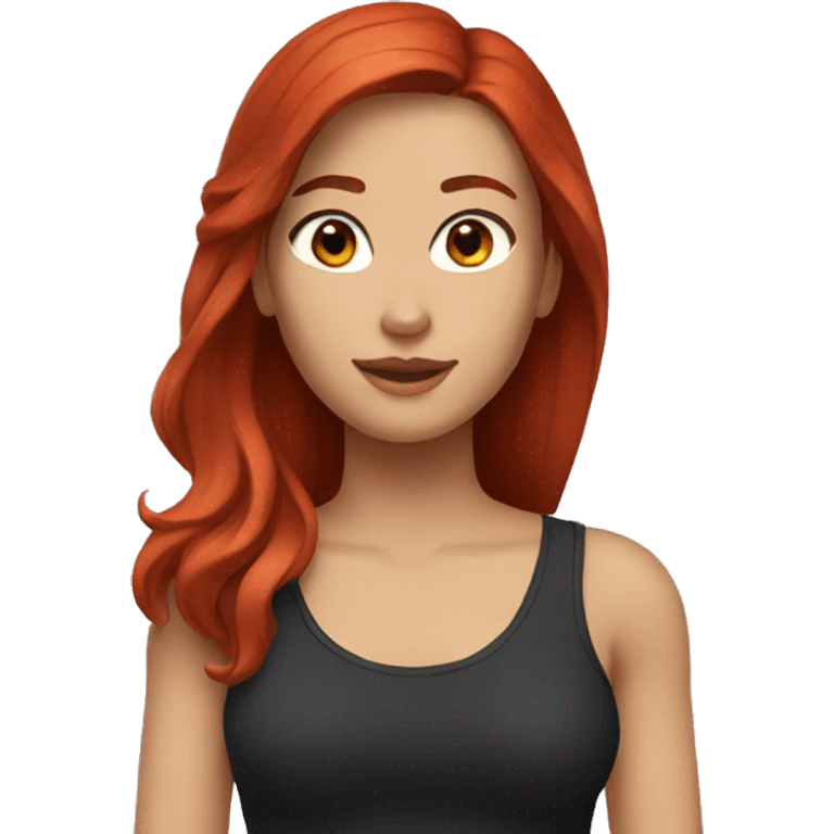 brunette woman red hair a black top and gray shorts emoji