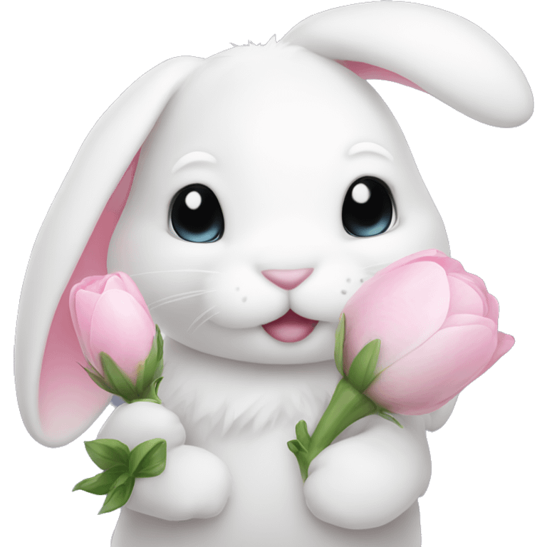 cute white bunny holding light pink pion emoji