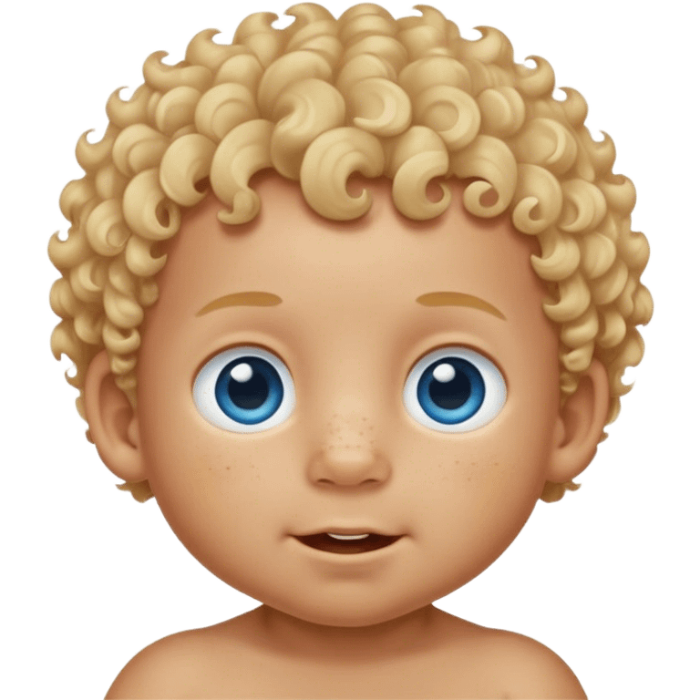 A baby boy that’s a toddler age with curly blonde hair and blue eyes and a butt nose in for freckles on his cheeks and little tiny teeth and that’s it emoji