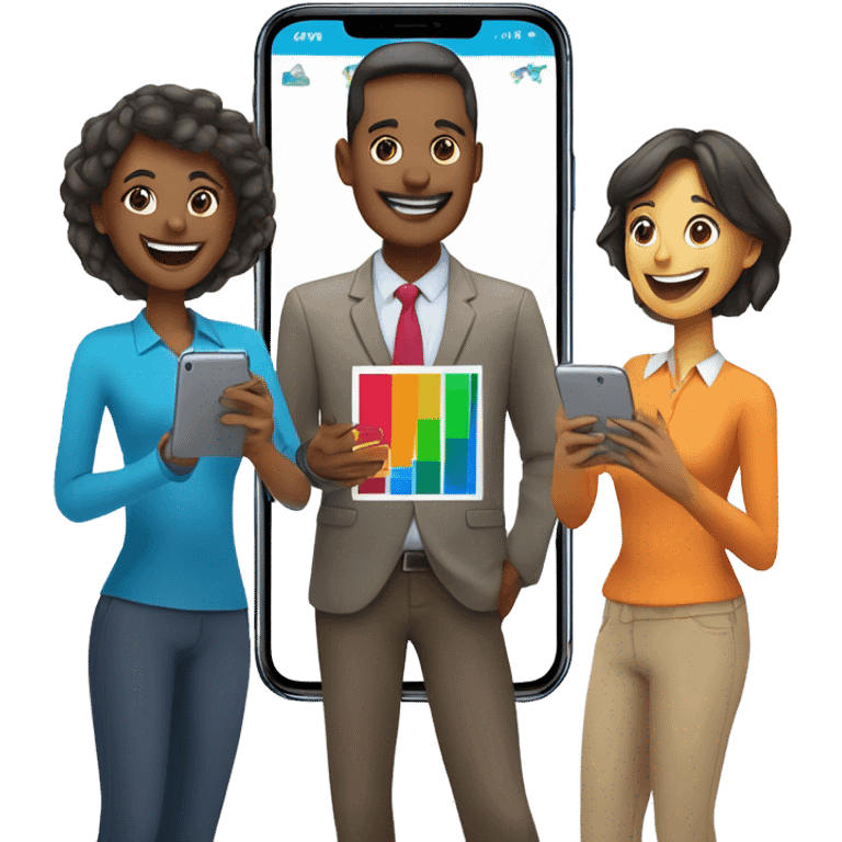 group with three happy person with a smartphone showing charts emoji