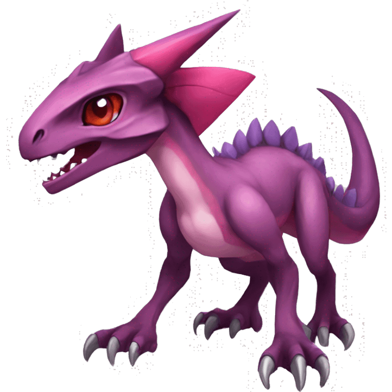 Chibi-Anthro Mauve-maroon-red-colored edgy anthro-genesect-velociraptor-scalie-sona-Fakémon-hybrid with a purple-pink mane on head and back and horns full body emoji